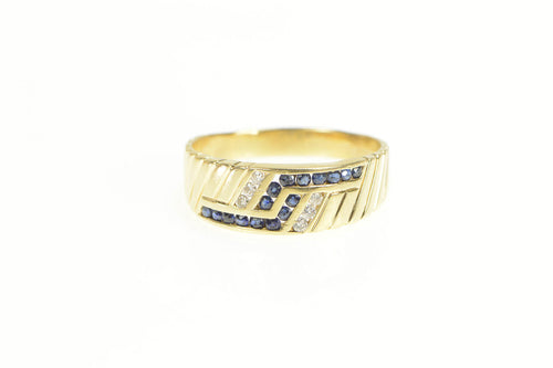14K Sapphire Diamond Grooved Wedding Band Ring Yellow Gold