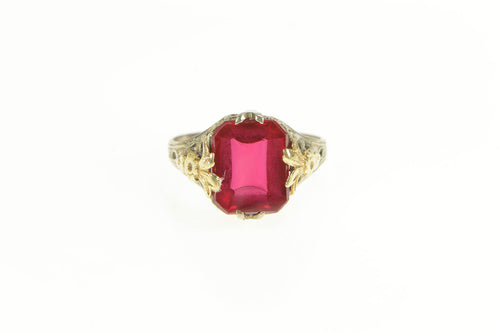 10K Art Deco Filigree Syn. Ruby Statement Ring Yellow Gold