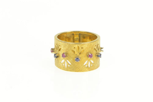 18K 1940's Ruby Sapphire Floral Pattern Band Ring Yellow Gold