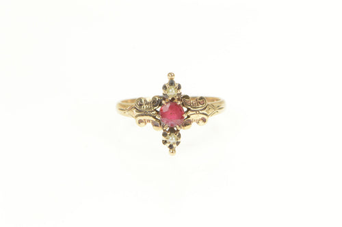 14K Victorian Syn. Ruby Seed Pearl Statement Ring Yellow Gold