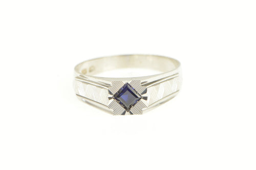 18K 1940's Syn. Sapphire Squared Men's Grooved Ring White Gold