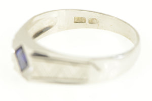 18K 1940's Syn. Sapphire Squared Men's Grooved Ring White Gold