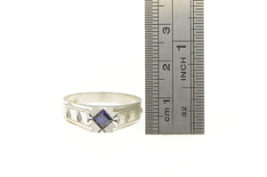 18K 1940's Syn. Sapphire Squared Men's Grooved Ring White Gold