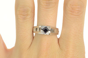 18K 1940's Syn. Sapphire Squared Men's Grooved Ring White Gold