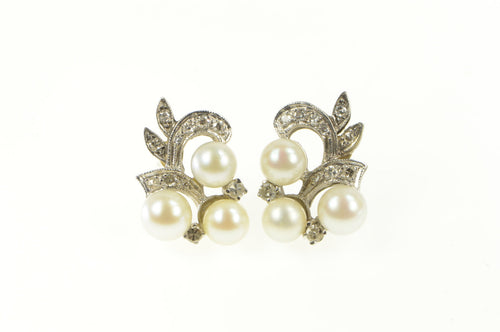 14K 1940's Pearl Diamond Floral Cluster Stud Earrings White Gold