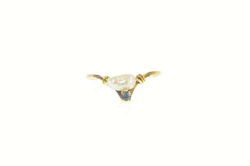 14K Pearl Sapphire Accent Vintage Statement Ring Yellow Gold