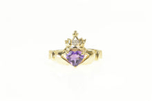 Load image into Gallery viewer, 14K Claddagh Heart Amethyst Diamond Loyalty Ring Yellow Gold