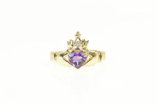 14K Claddagh Heart Amethyst Diamond Loyalty Ring Yellow Gold