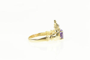 14K Claddagh Heart Amethyst Diamond Loyalty Ring Yellow Gold