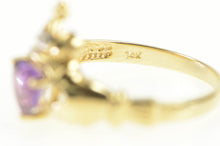 Load image into Gallery viewer, 14K Claddagh Heart Amethyst Diamond Loyalty Ring Yellow Gold