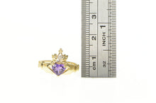 Load image into Gallery viewer, 14K Claddagh Heart Amethyst Diamond Loyalty Ring Yellow Gold