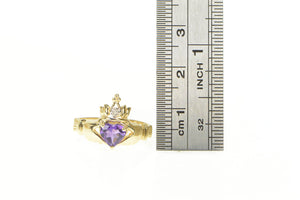 14K Claddagh Heart Amethyst Diamond Loyalty Ring Yellow Gold