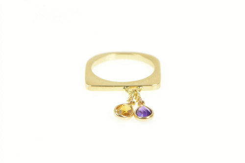 14K Squared Pear Amethyst Dangle Charm Statement Ring Yellow Gold