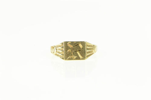 14K Art Deco R Engraved Monogram Squared Baby Ring Yellow Gold