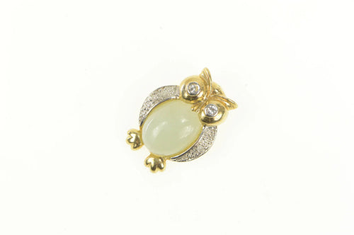 14K Opal Diamond Eyed Jade Owl Wisdom Animal Pendant Yellow Gold