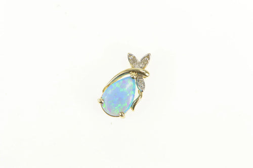 10K Pear Syn. Opal Diamond Leaf Accent Statement Pendant Yellow Gold