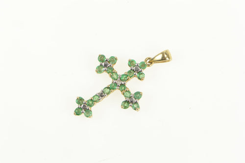 10K Emerald Encrusted Diamond Accent Cross Pendant Yellow Gold