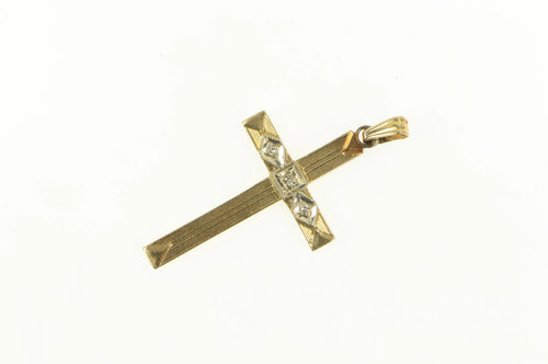 14K Art Deco Diamond Inset Vintage Cross Pendant Yellow Gold