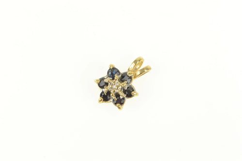 14K Sapphire Halo Diamond Flower Cluster Vintage Pendant Yellow Gold