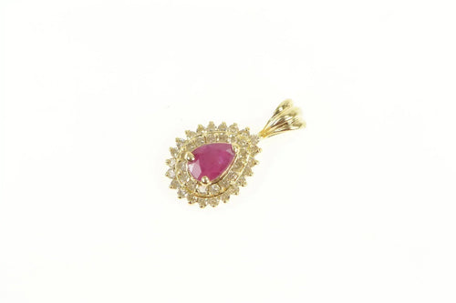 14K Natural Pear Cut Ruby Diamond Halo Vintage Pendant Yellow Gold