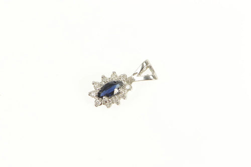 14K Marquise Natural Sapphire Diamond Halo Pendant White Gold