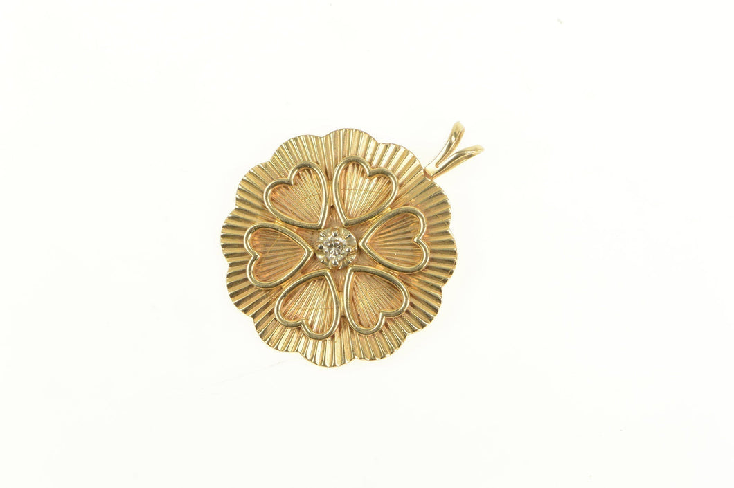 14K 1960's Diamond Heart Scalloped Circle Love Pendant Yellow Gold