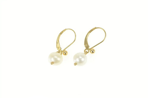 14K Pearl Inset Classic Dangle Lever Back Earrings Yellow Gold