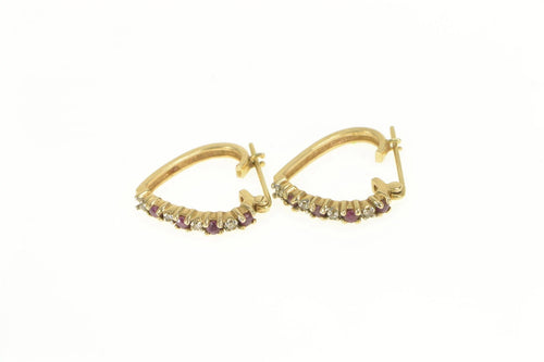 10K Diamond Ruby Vintage Heart Hoop Love Earrings Yellow Gold