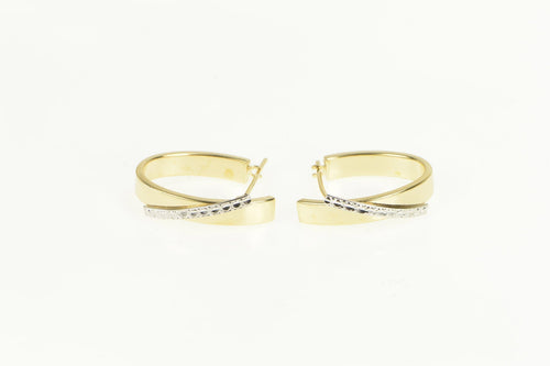 14K Two Tone Bar Overlap Oval Statement Hoop Earrings Yellow Gold