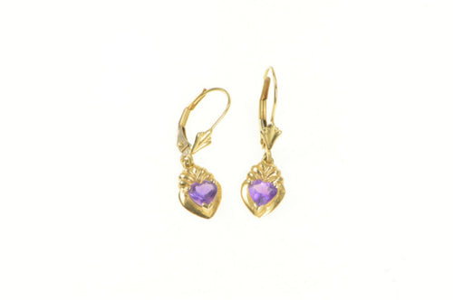 14K Heart Amethyst Leaf Design Dangle Lever Earrings Yellow Gold