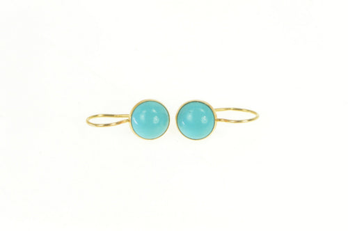 14K Vintage Round Turquoise Cabochon Dangle Earrings Yellow Gold