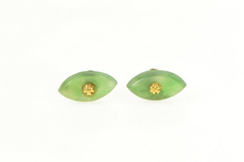 14K Marquise Jadeite 1960's Screw Back Stud Earrings Yellow Gold