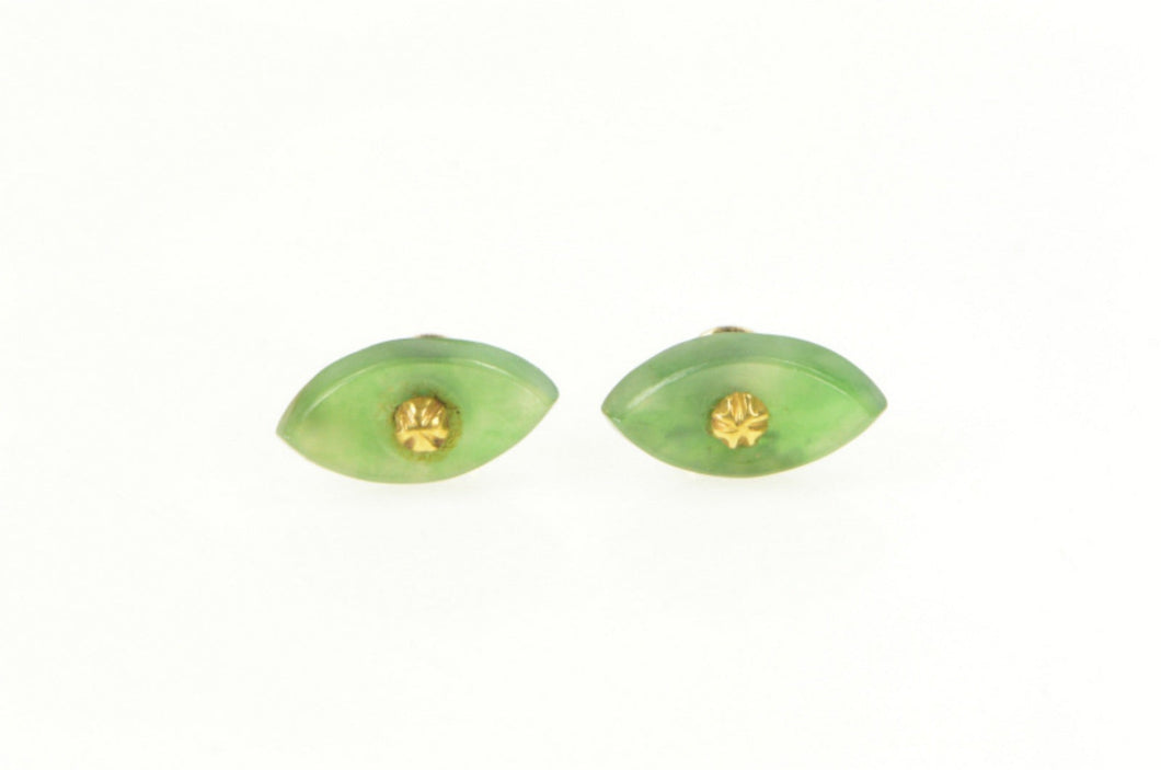 14K Marquise Jadeite 1960's Screw Back Stud Earrings Yellow Gold