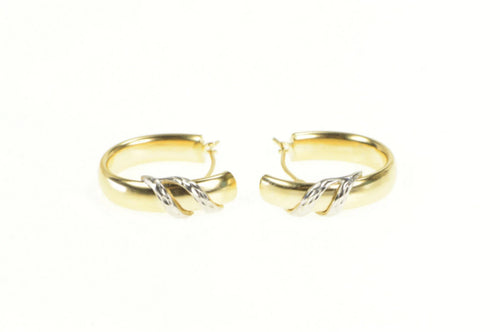 14K Two Tone Bar Design Oval Statement Hoop Earrings Yellow Gold