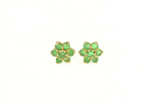 14K Natural Emerald Flower Cluster Stud Earrings Yellow Gold