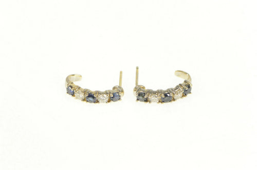14K Natural Sapphire Diamond Curved Bar Hoop Earrings Yellow Gold