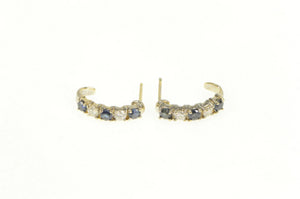 14K Natural Sapphire Diamond Curved Bar Hoop Earrings Yellow Gold