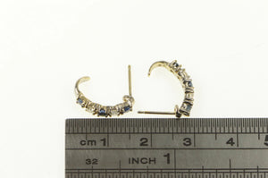 14K Natural Sapphire Diamond Curved Bar Hoop Earrings Yellow Gold