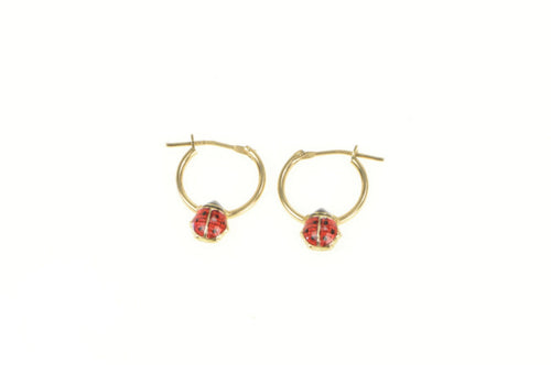 10K Red Enamel Lady Bug Good Luck Hoop Earrings Yellow Gold