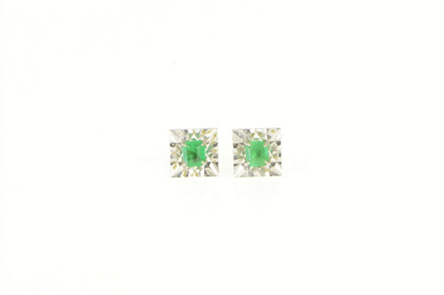 14K Princess Cut Emerald Natural Squared Stud Earrings White Gold