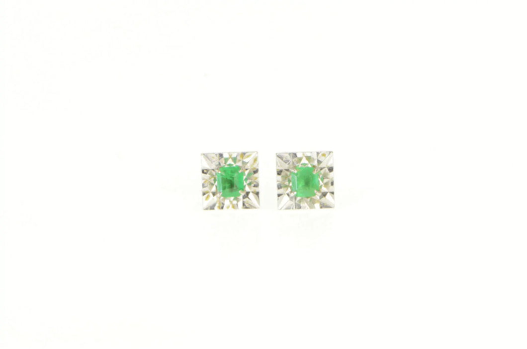 14K Princess Cut Emerald Natural Squared Stud Earrings White Gold