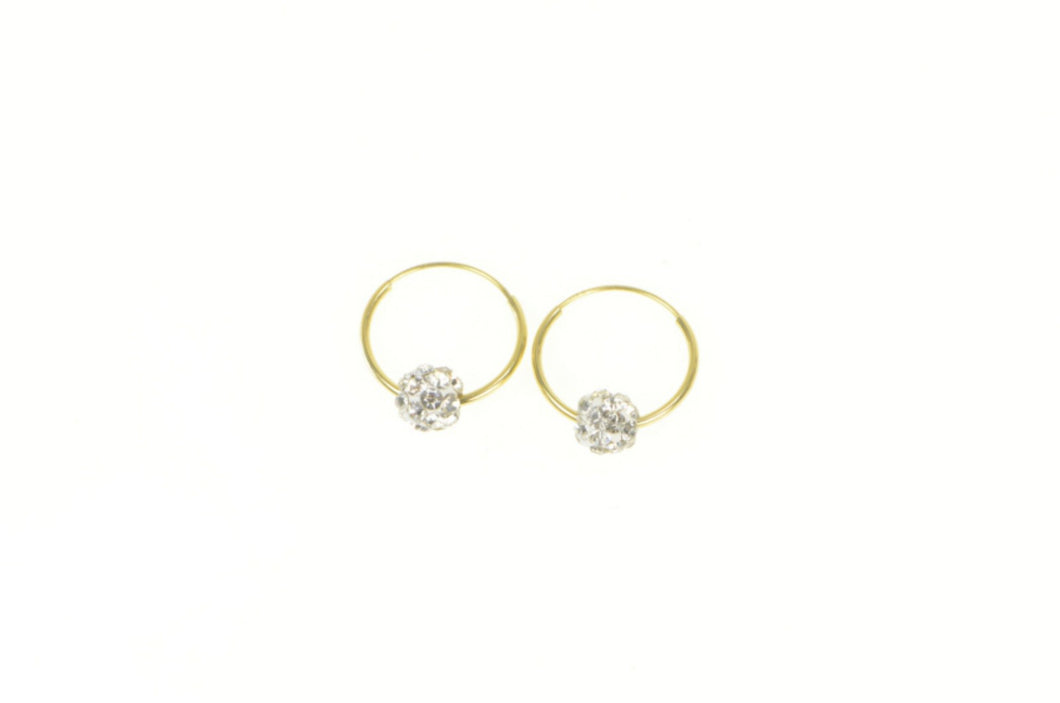 10K Pave Rhinestone Ball Charm 13.8mm Hoop Earrings Yellow Gold