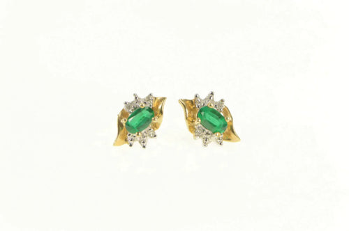 14K Oval Syn. Emerald Diamond Accent Stud Earrings Yellow Gold
