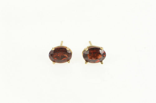 14K Vintage Garnet Oval Solitaire Classic Stud Earrings Yellow Gold