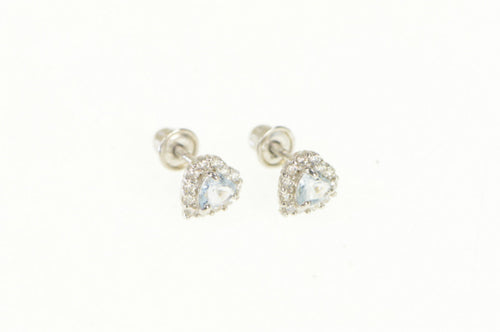 14K Aquamarine Heart Diamond Halo Stud Earrings White Gold