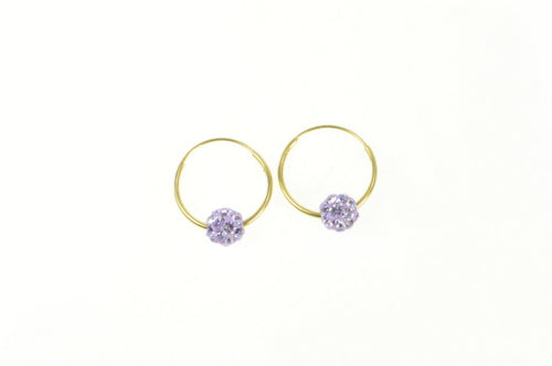 10K Purple Rhinestone Encrusted Ball Hoop Earrings Yellow Gold