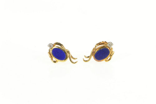 18K Oval Lapis Inlay Diamond Accent Stud Earrings Yellow Gold