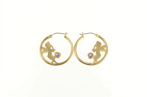 10K Round Amethyst Cherub Baby Angel Hoop Earrings Yellow Gold