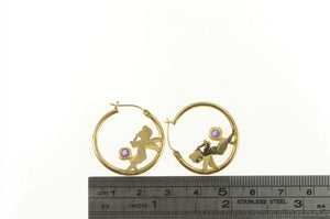 10K Round Amethyst Cherub Baby Angel Hoop Earrings Yellow Gold