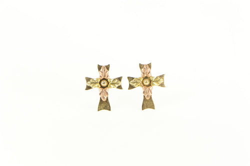 10K Black Hills Leaf Accent Cross Christian Stud Earrings Yellow Gold